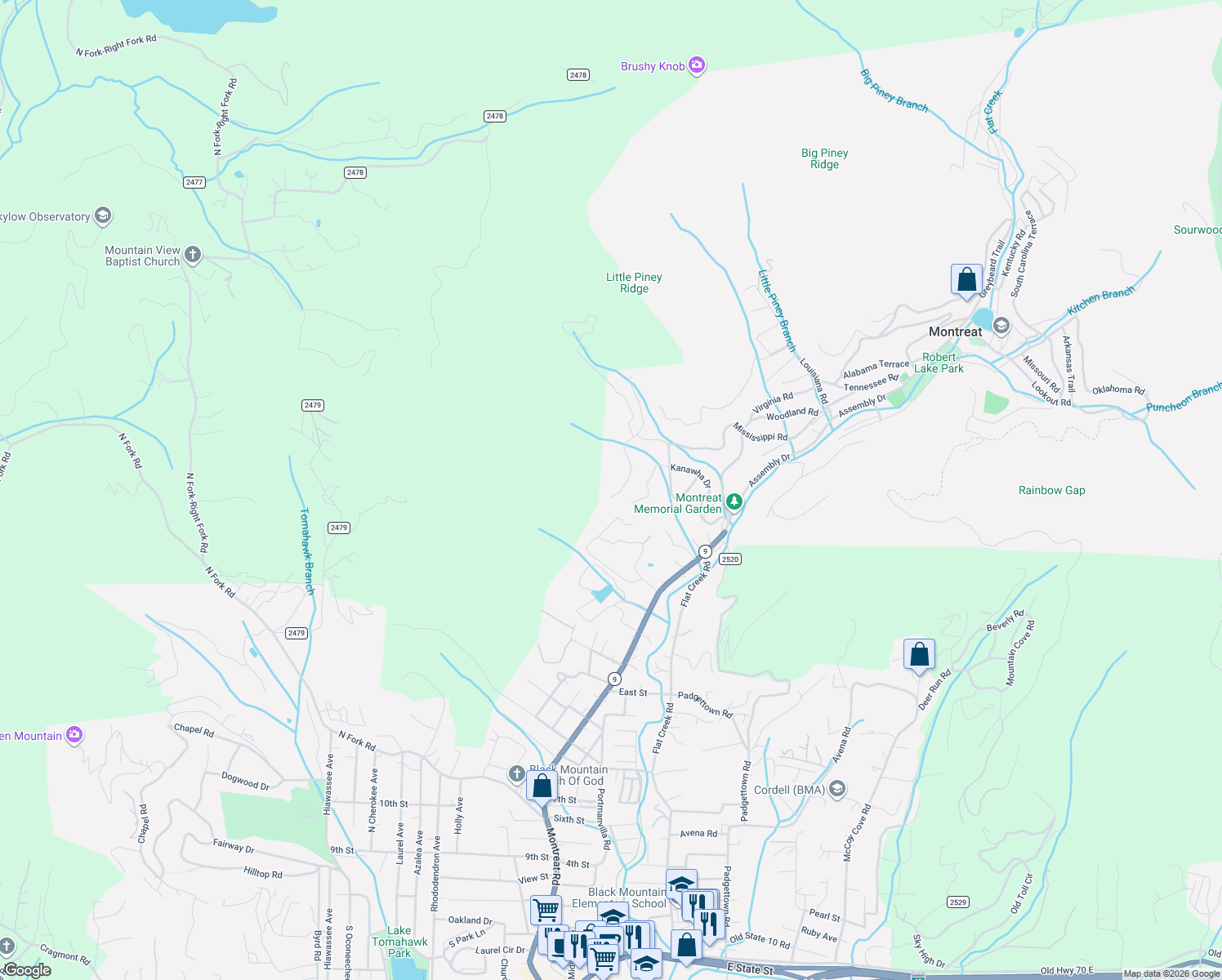 map of restaurants, bars, coffee shops, grocery stores, and more near 93 Westminster Terrace in Black Mountain