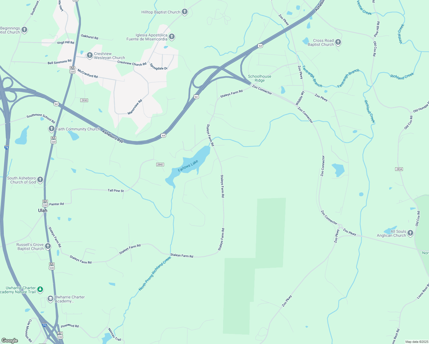 map of restaurants, bars, coffee shops, grocery stores, and more near 1961 South Lake Drive in Asheboro