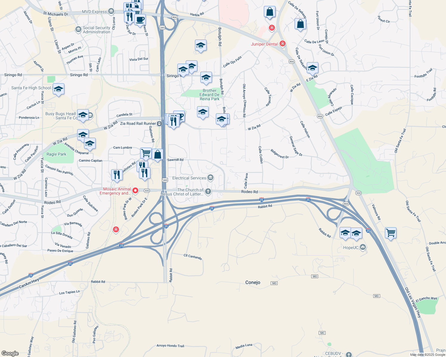 map of restaurants, bars, coffee shops, grocery stores, and more near 2729 Ventoso in Santa Fe