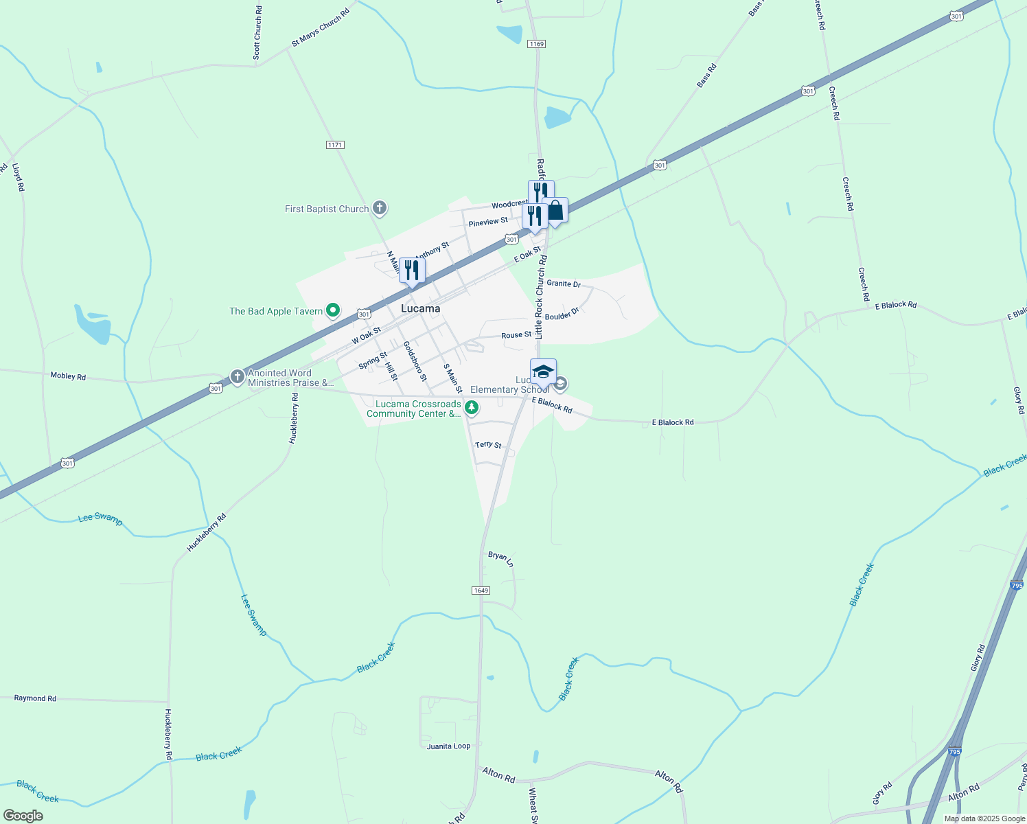 map of restaurants, bars, coffee shops, grocery stores, and more near 504 Little Rock Church Road in Lucama