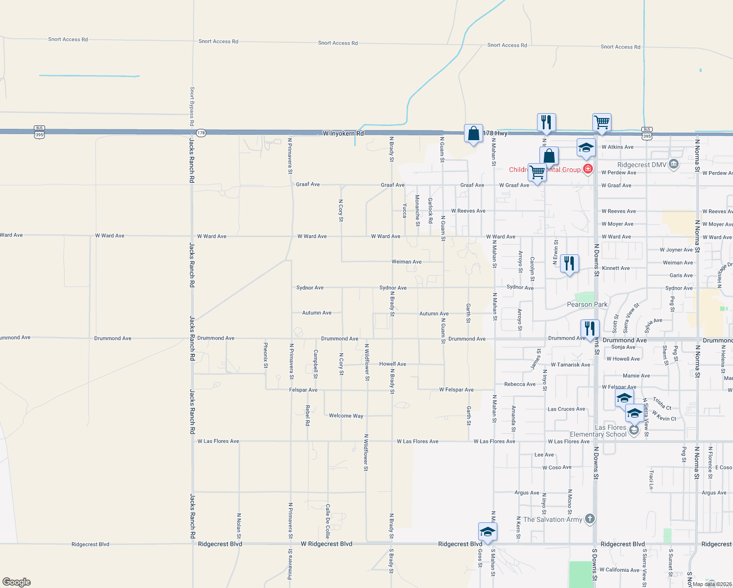 map of restaurants, bars, coffee shops, grocery stores, and more near 1767 Sydnor Avenue in Ridgecrest