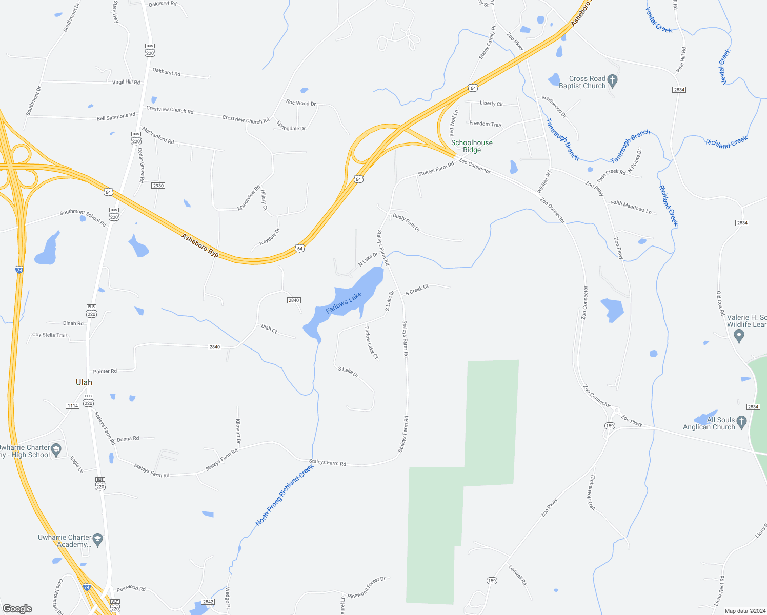 map of restaurants, bars, coffee shops, grocery stores, and more near 1961 South Lake Drive in Asheboro