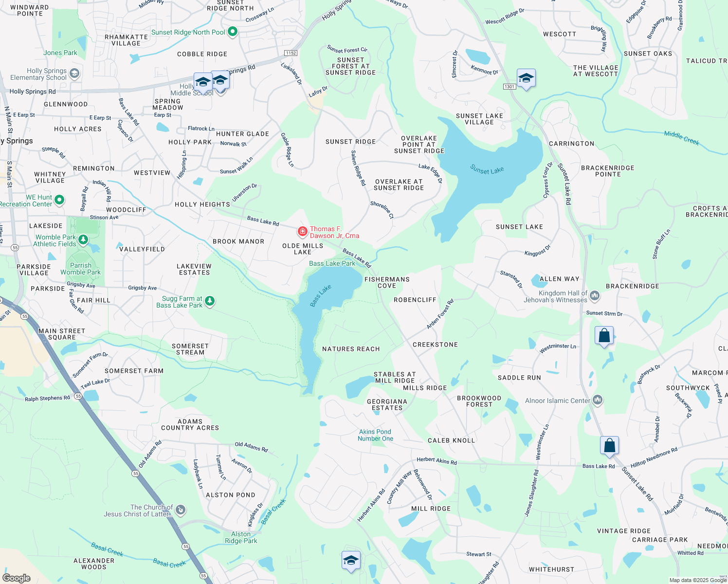 map of restaurants, bars, coffee shops, grocery stores, and more near 1036 Bass Lake Road in Holly Springs