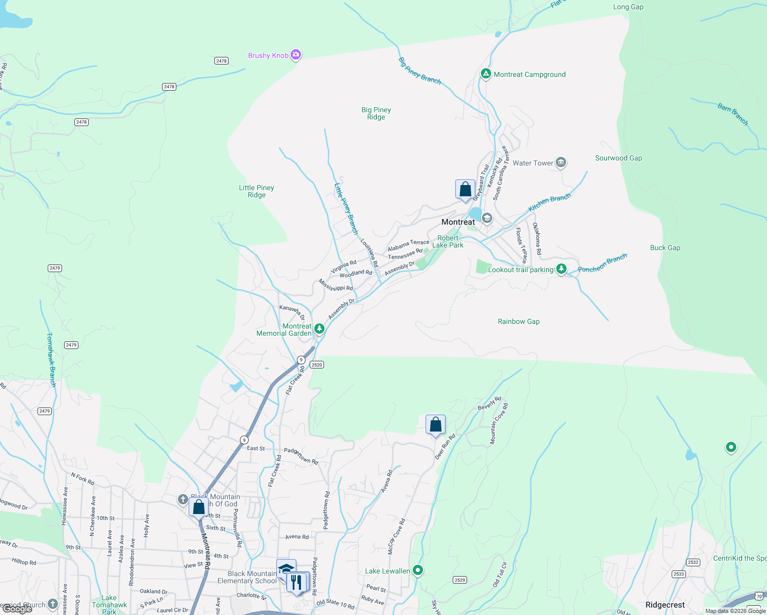 map of restaurants, bars, coffee shops, grocery stores, and more near 144 Shenandoah Terrace in Black Mountain