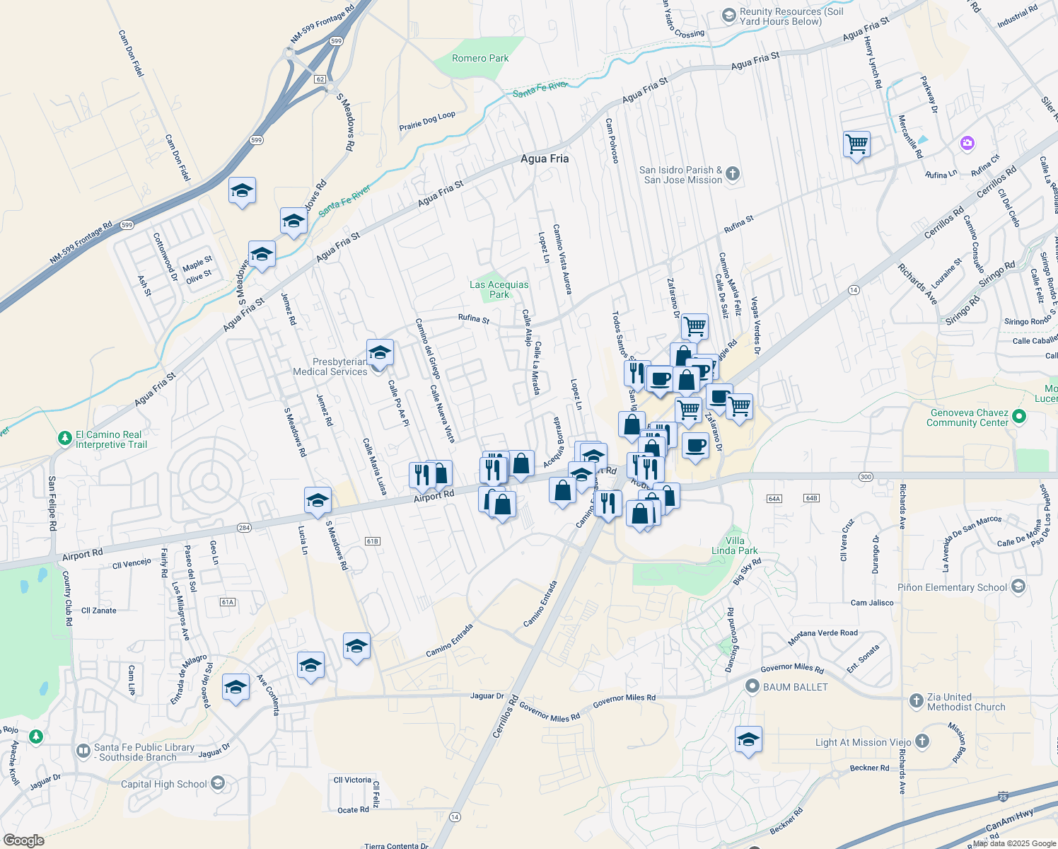 map of restaurants, bars, coffee shops, grocery stores, and more near 1423 Acequia Borrada West in Santa Fe