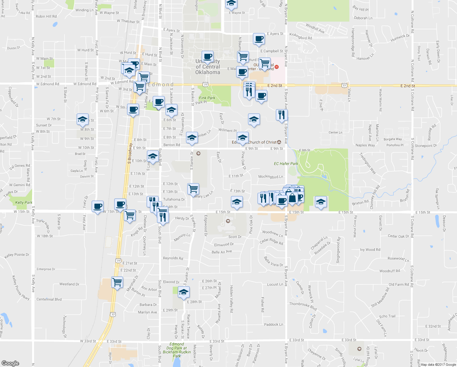 map of restaurants, bars, coffee shops, grocery stores, and more near 1217 Pine Ridge Circle in Edmond