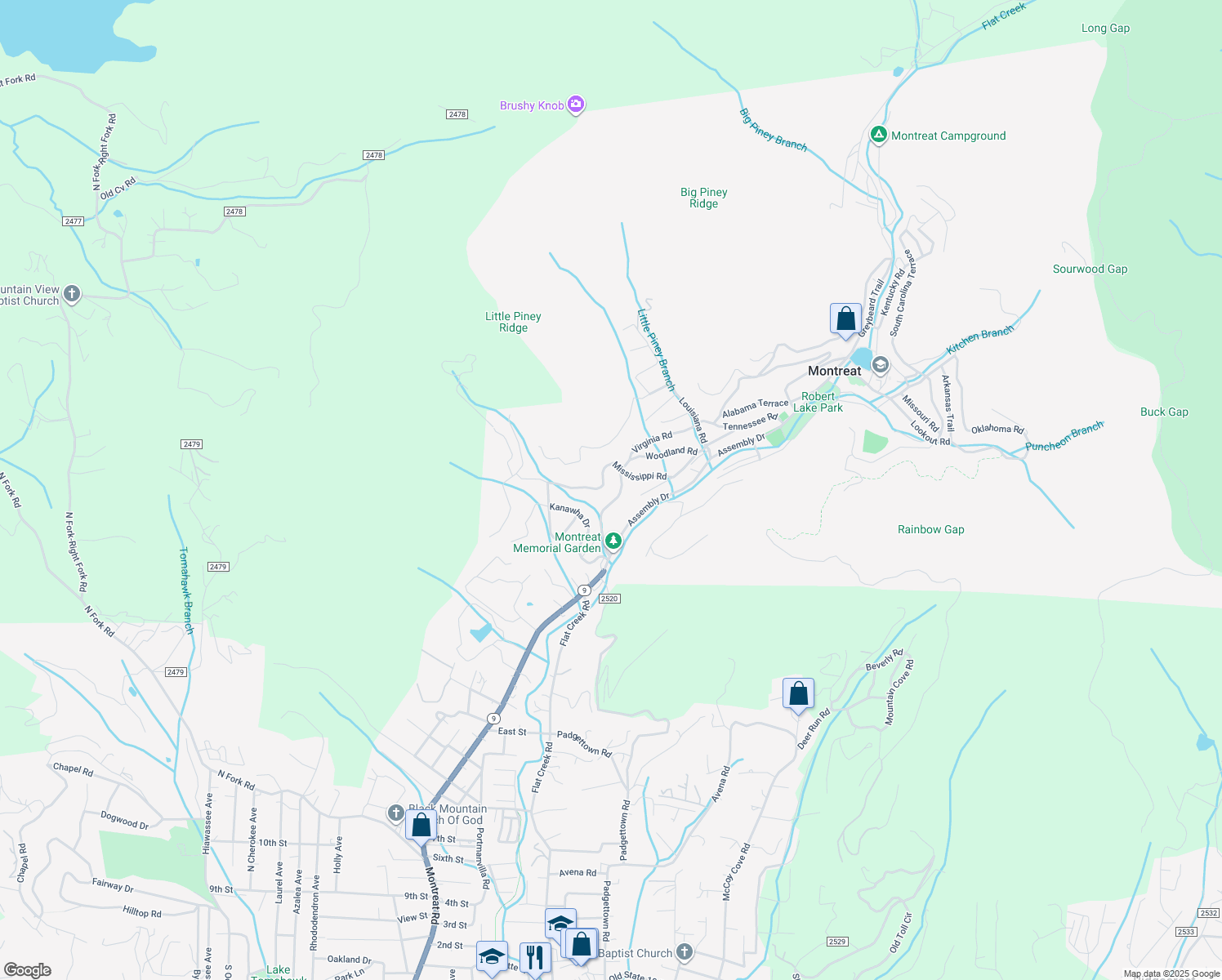 map of restaurants, bars, coffee shops, grocery stores, and more near 120 Virginia Road in Black Mountain