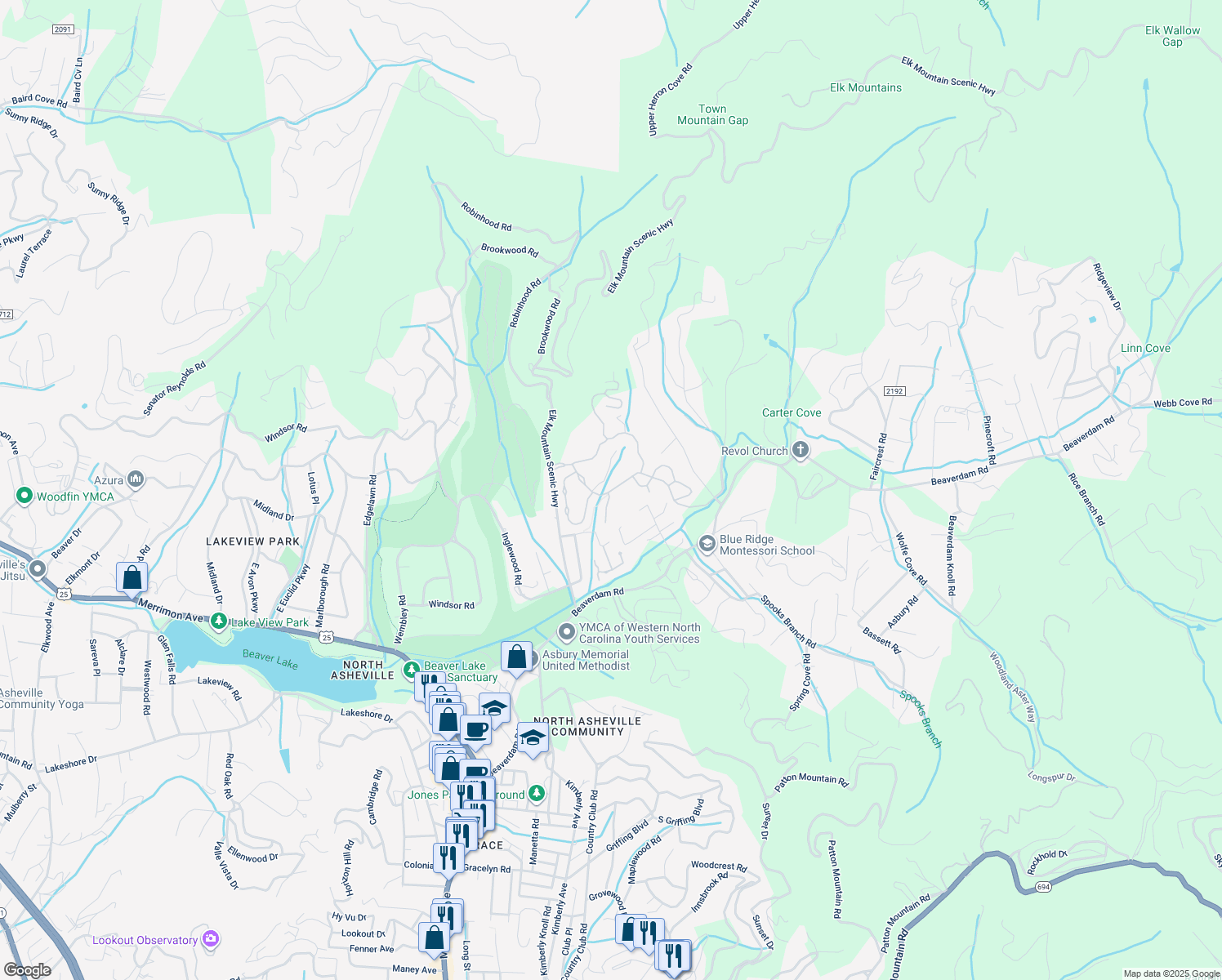 map of restaurants, bars, coffee shops, grocery stores, and more near 45 French Willow Drive in Asheville
