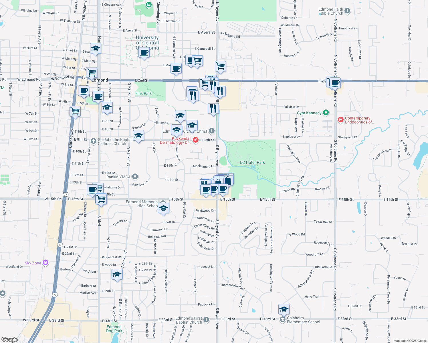 map of restaurants, bars, coffee shops, grocery stores, and more near 1413 Briarwood Dr in Edmond