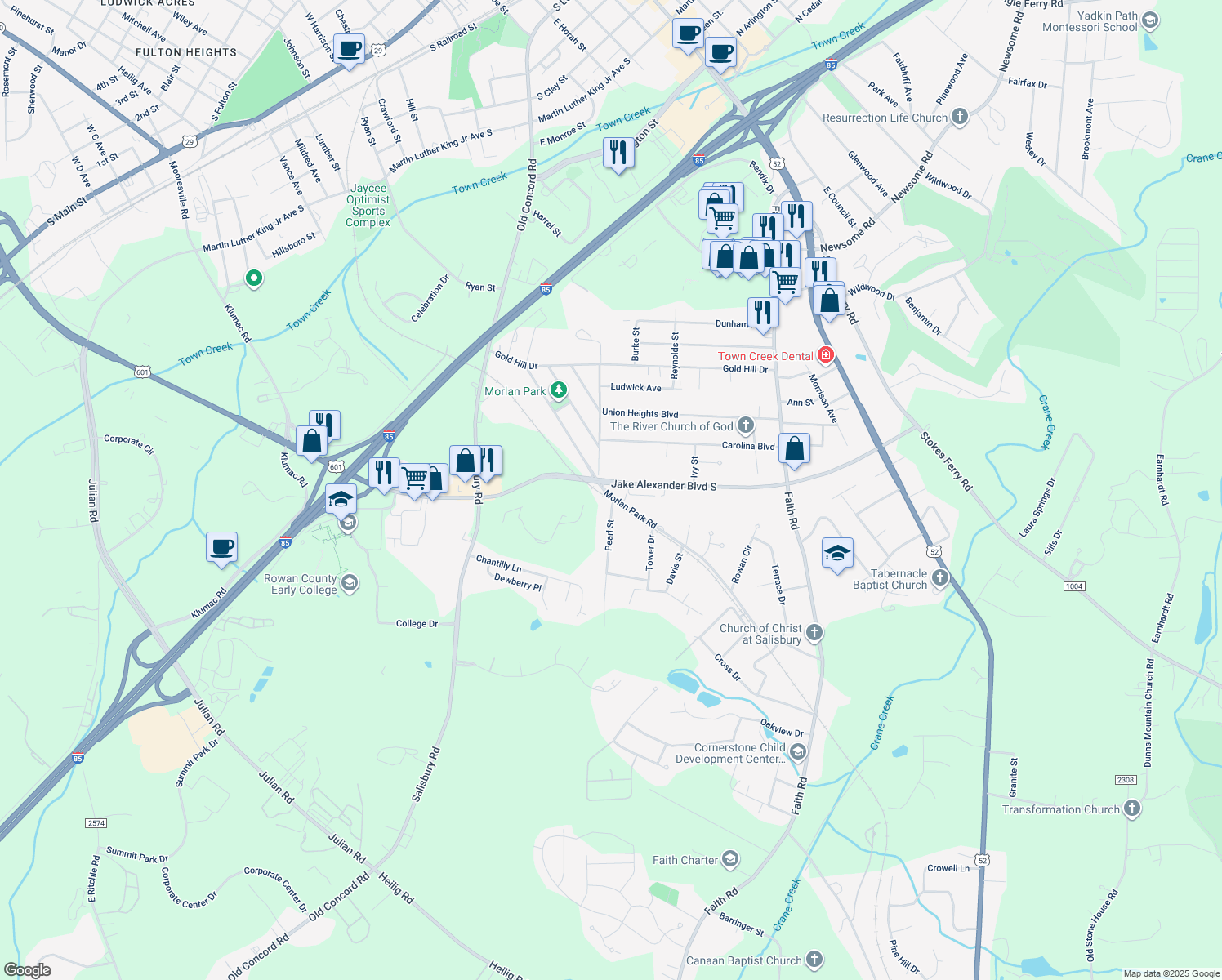 map of restaurants, bars, coffee shops, grocery stores, and more near 442 Morlan Park Road in Salisbury