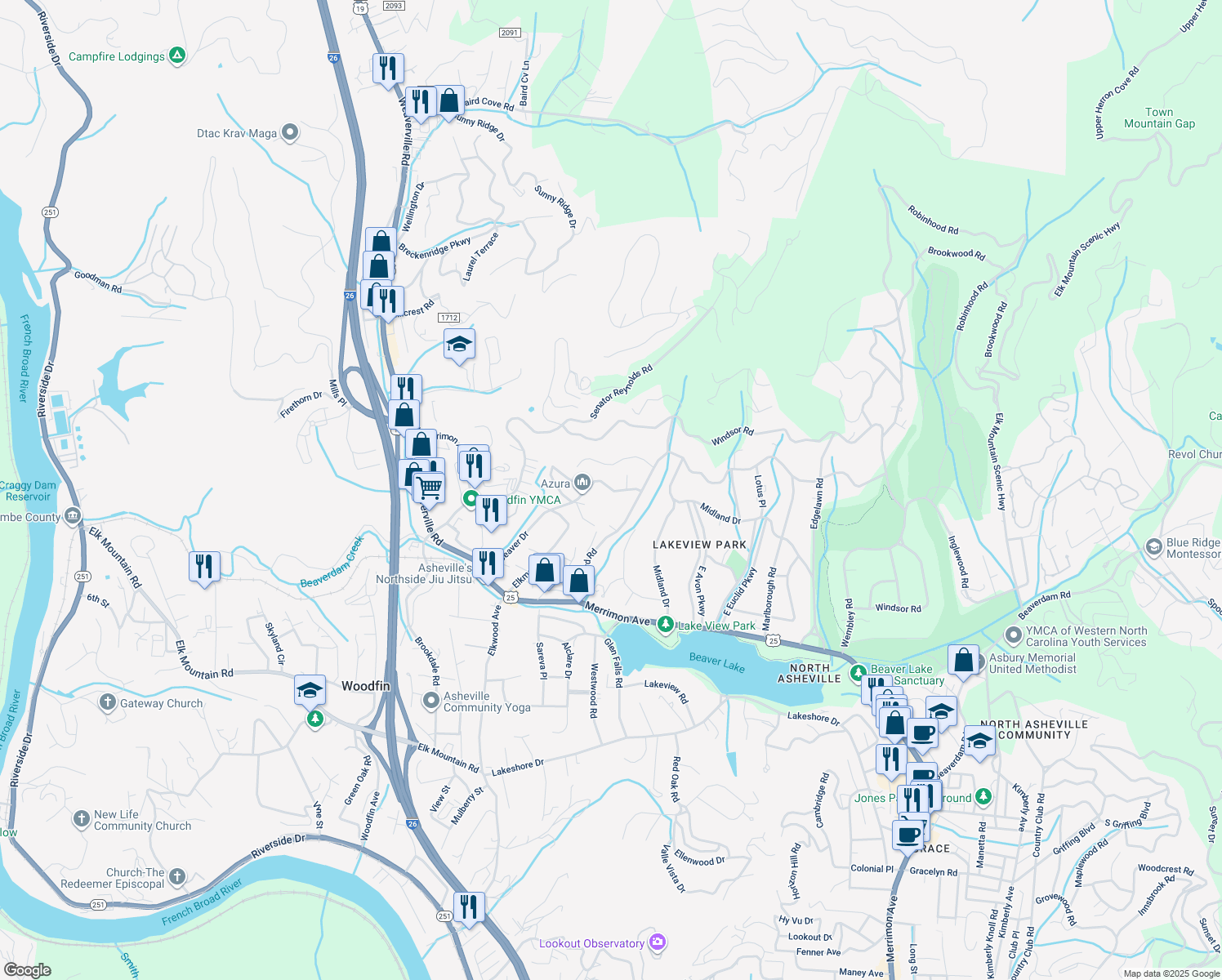 map of restaurants, bars, coffee shops, grocery stores, and more near 8 Mayfield Road in Asheville