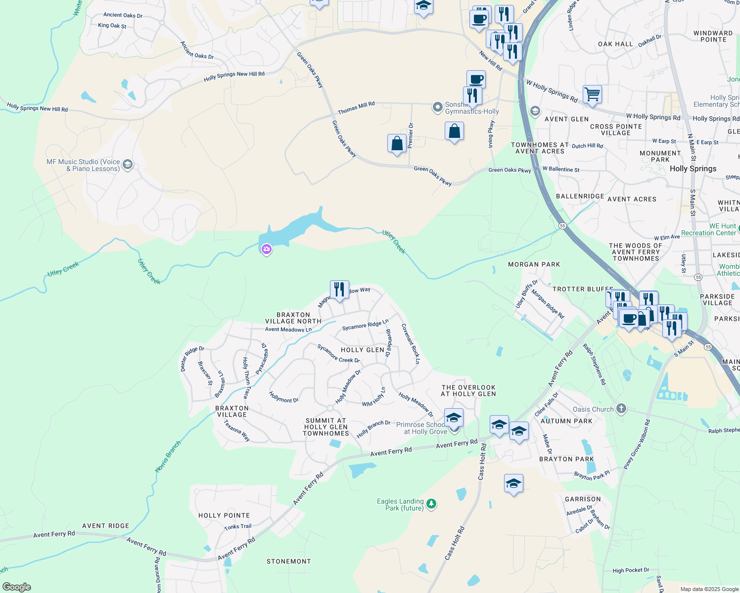 map of restaurants, bars, coffee shops, grocery stores, and more near 105 Summer Holly Lane in Holly Springs