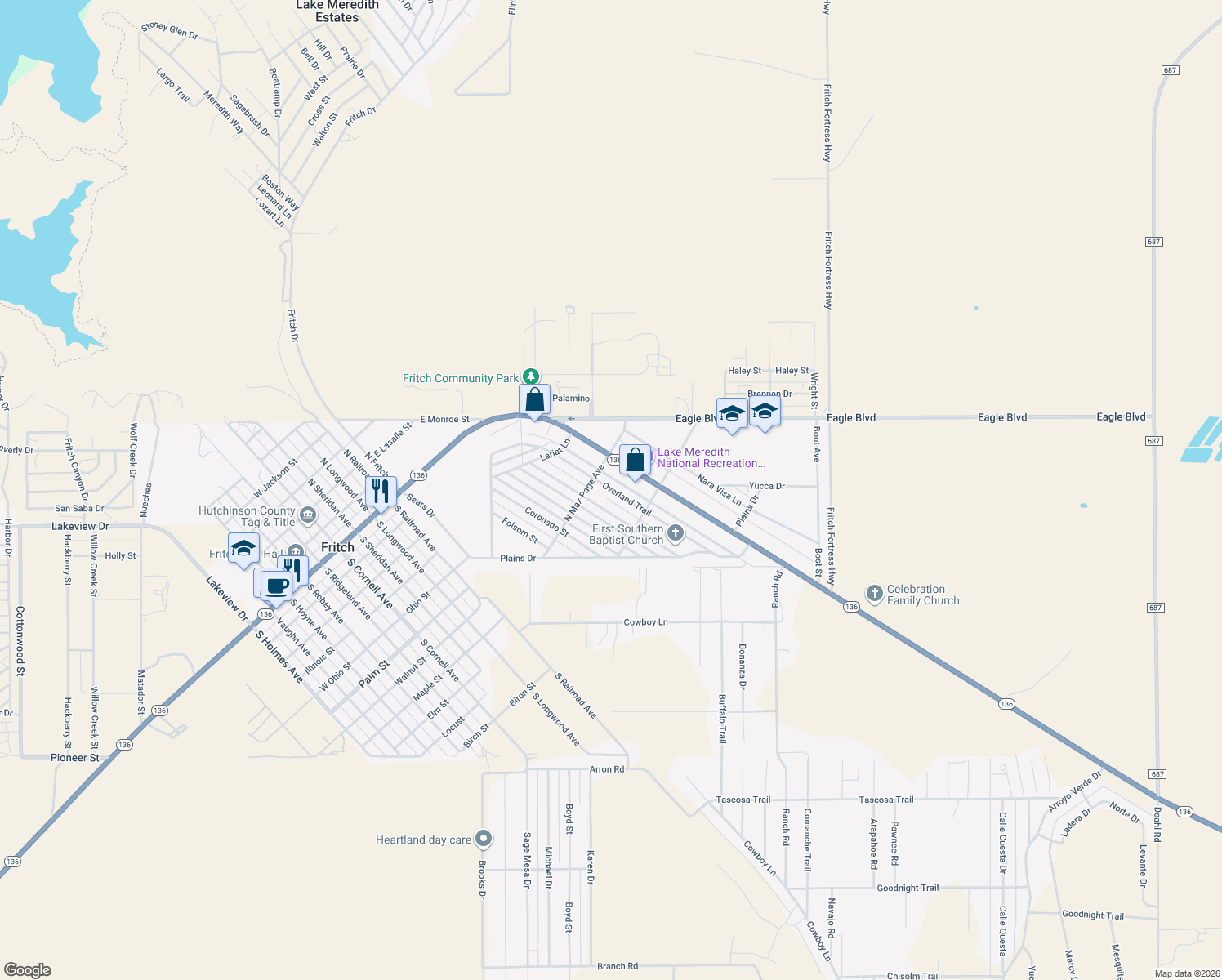 map of restaurants, bars, coffee shops, grocery stores, and more near Overland Trail in Fritch