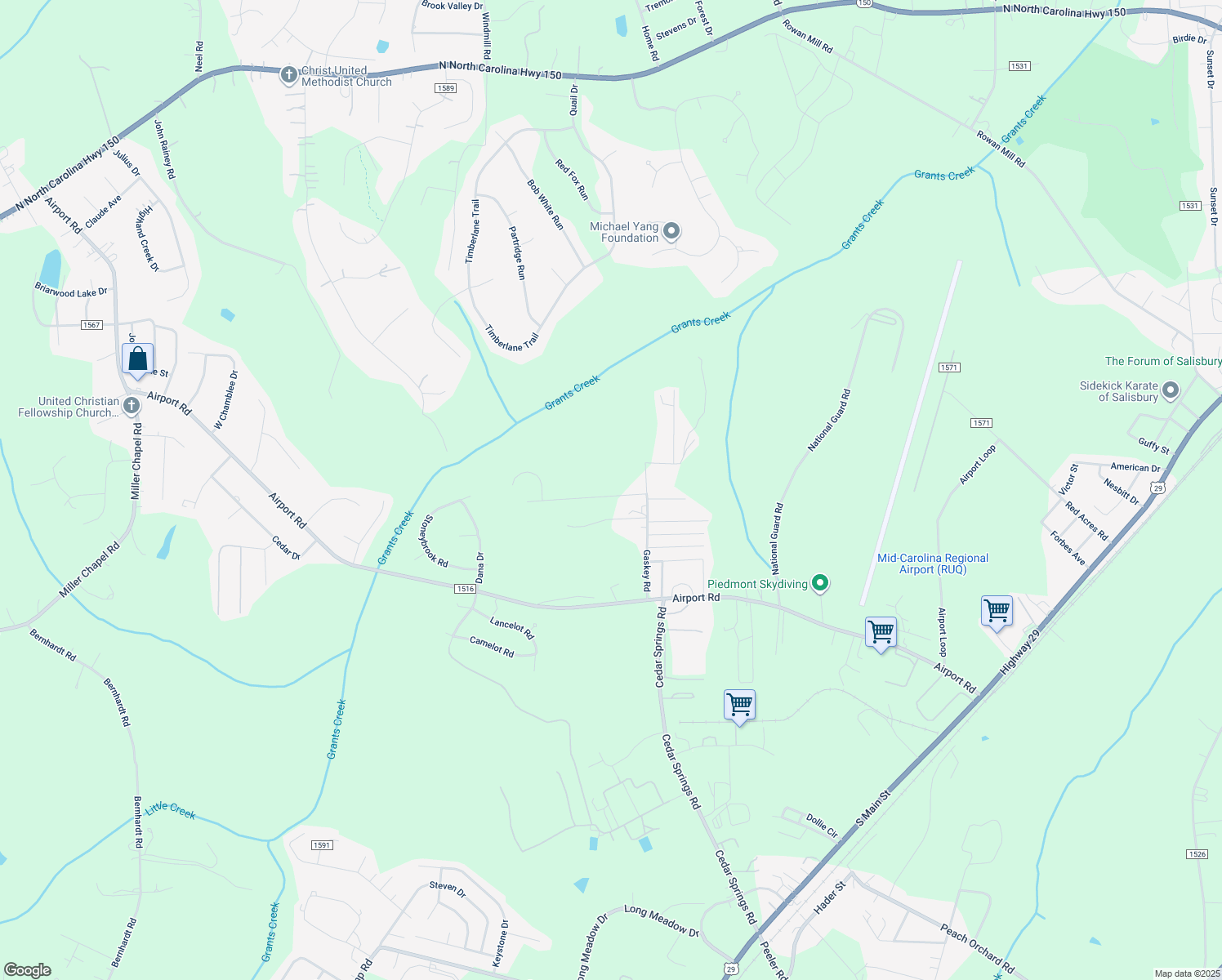 map of restaurants, bars, coffee shops, grocery stores, and more near 1104 Rachel Lane in Salisbury