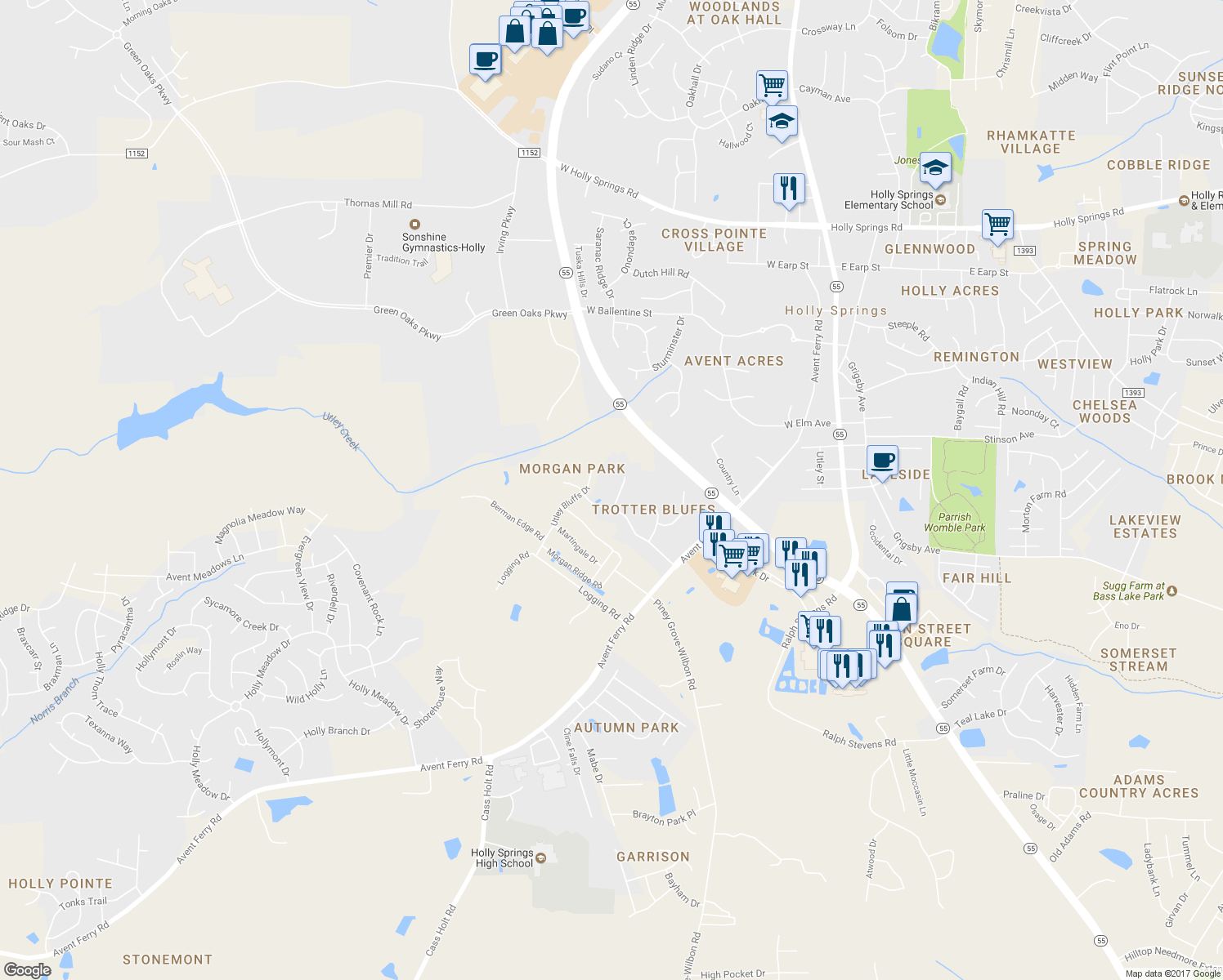 map of restaurants, bars, coffee shops, grocery stores, and more near 912 Stable Ridge Drive in Holly Springs