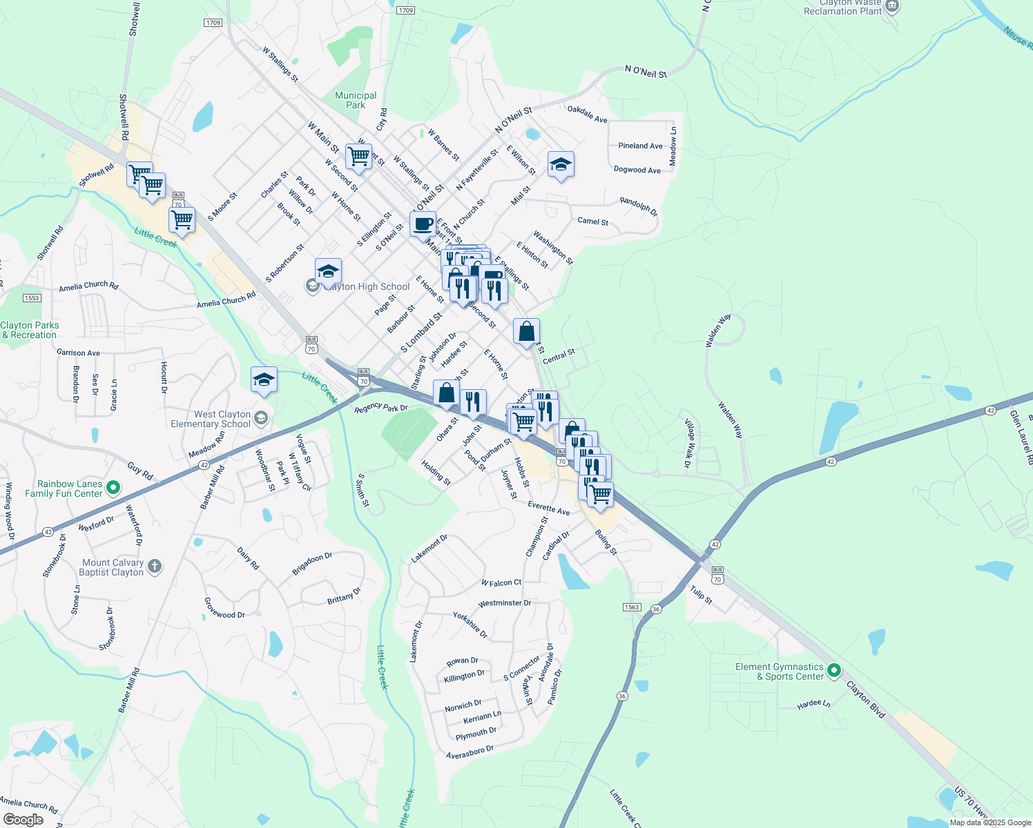 map of restaurants, bars, coffee shops, grocery stores, and more near 211 Compton Street in Clayton