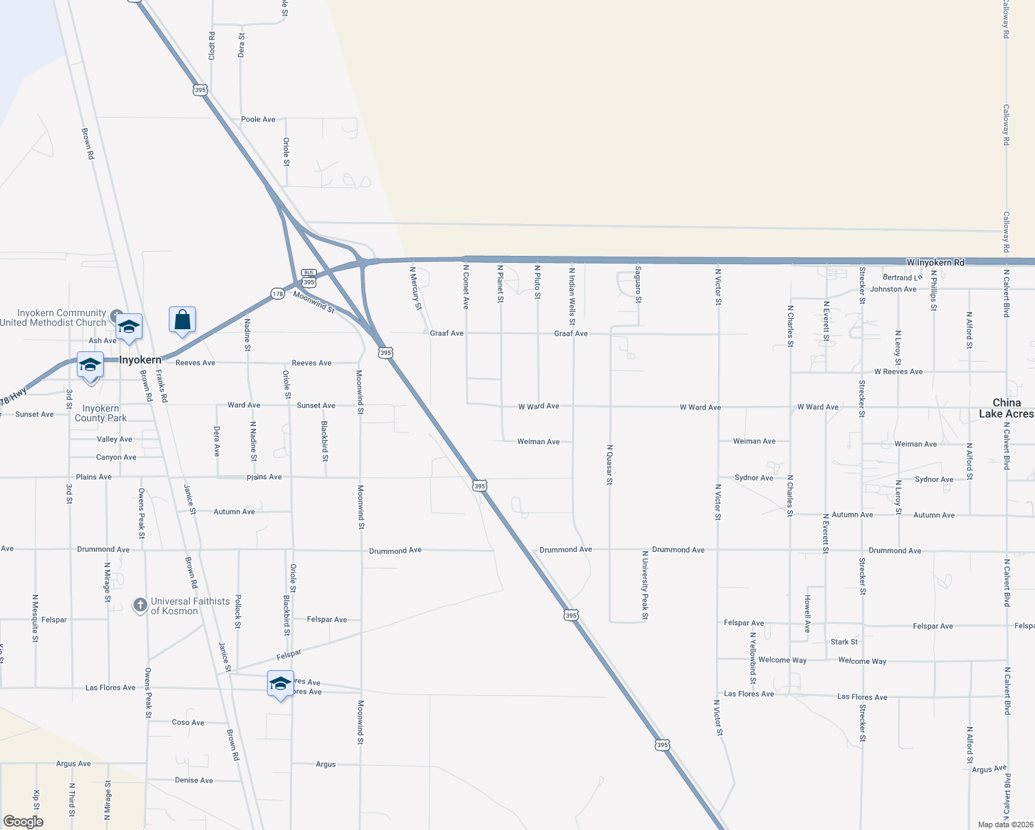 map of restaurants, bars, coffee shops, grocery stores, and more near 5447 West Ward Avenue in Ridgecrest