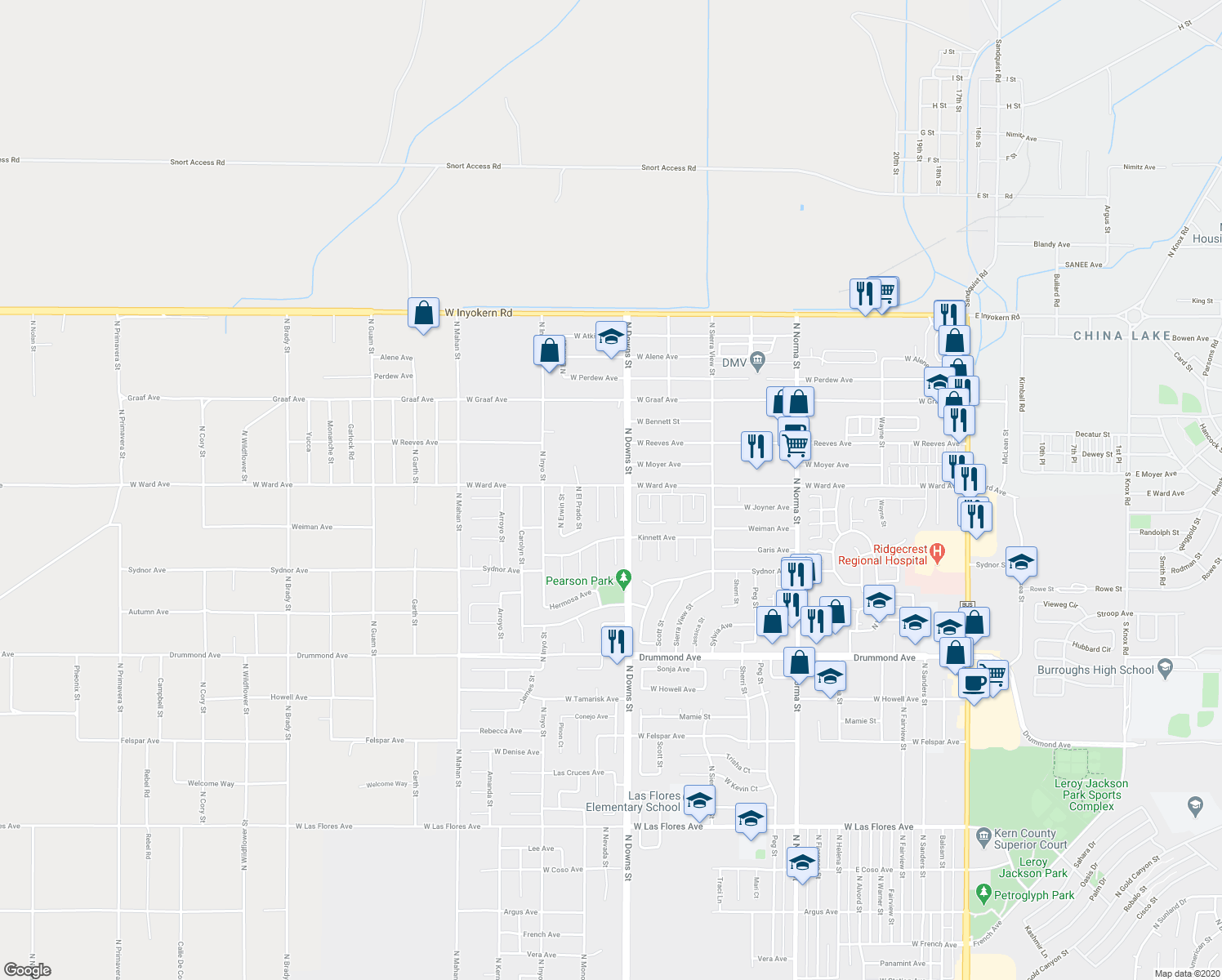map of restaurants, bars, coffee shops, grocery stores, and more near 1253 North Las Posas Court in Ridgecrest