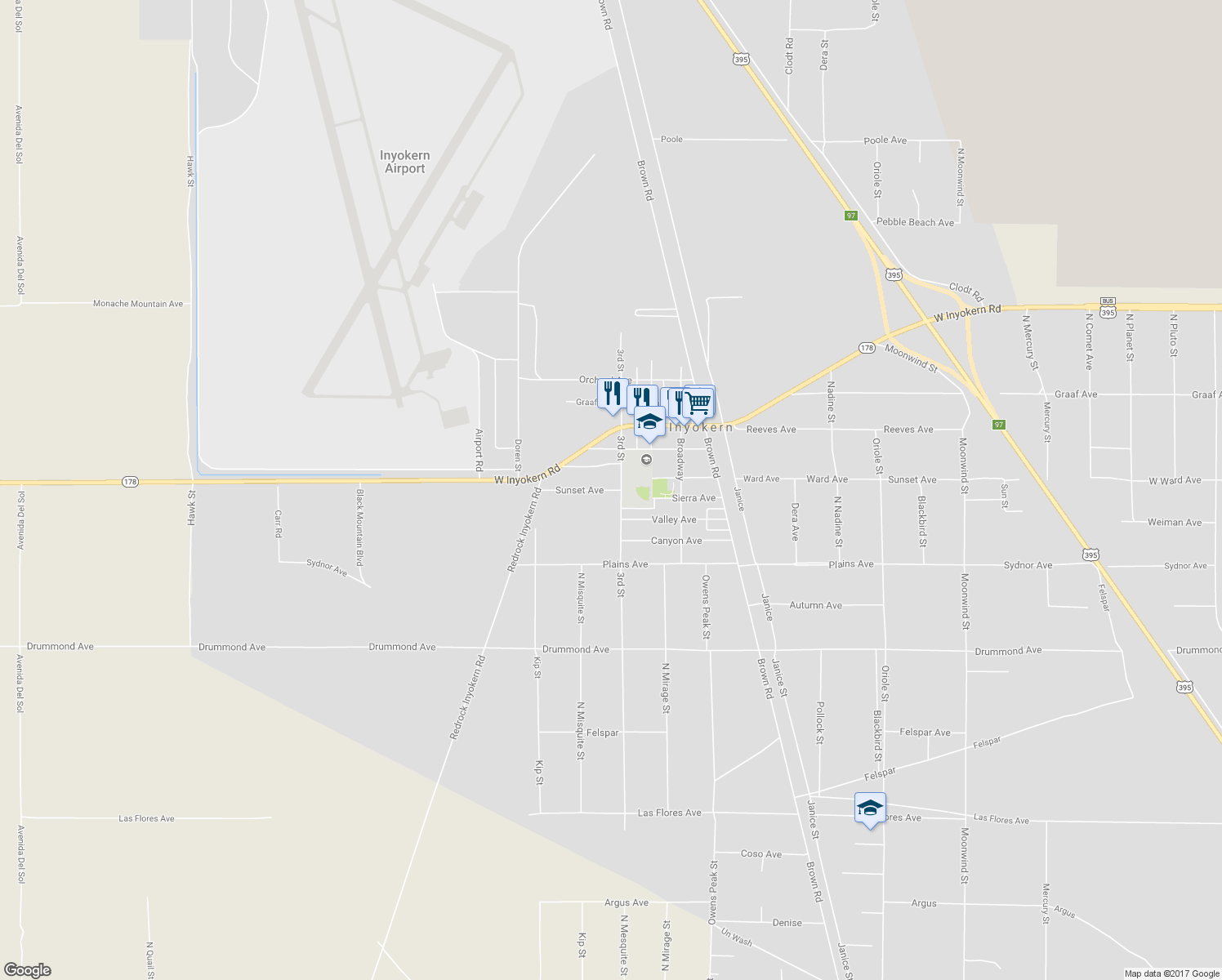 map of restaurants, bars, coffee shops, grocery stores, and more near 6805 Sunset Avenue in Inyokern