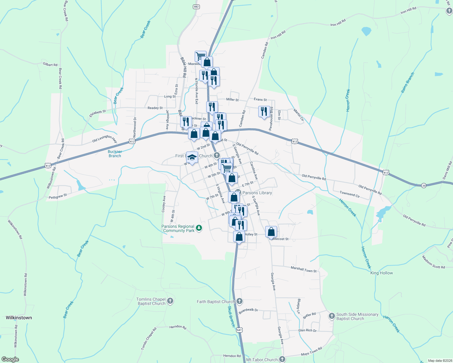 map of restaurants, bars, coffee shops, grocery stores, and more near 54 E 6th St in Parsons