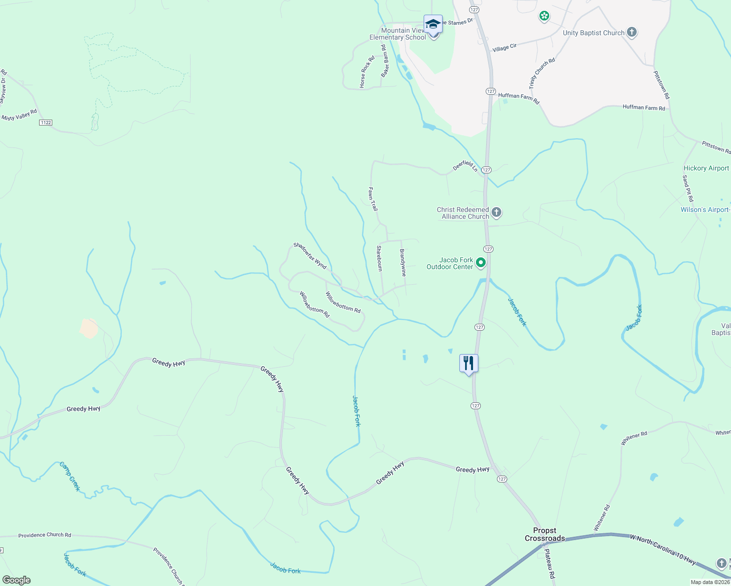map of restaurants, bars, coffee shops, grocery stores, and more near 6054 Willowbottom Road in Hickory