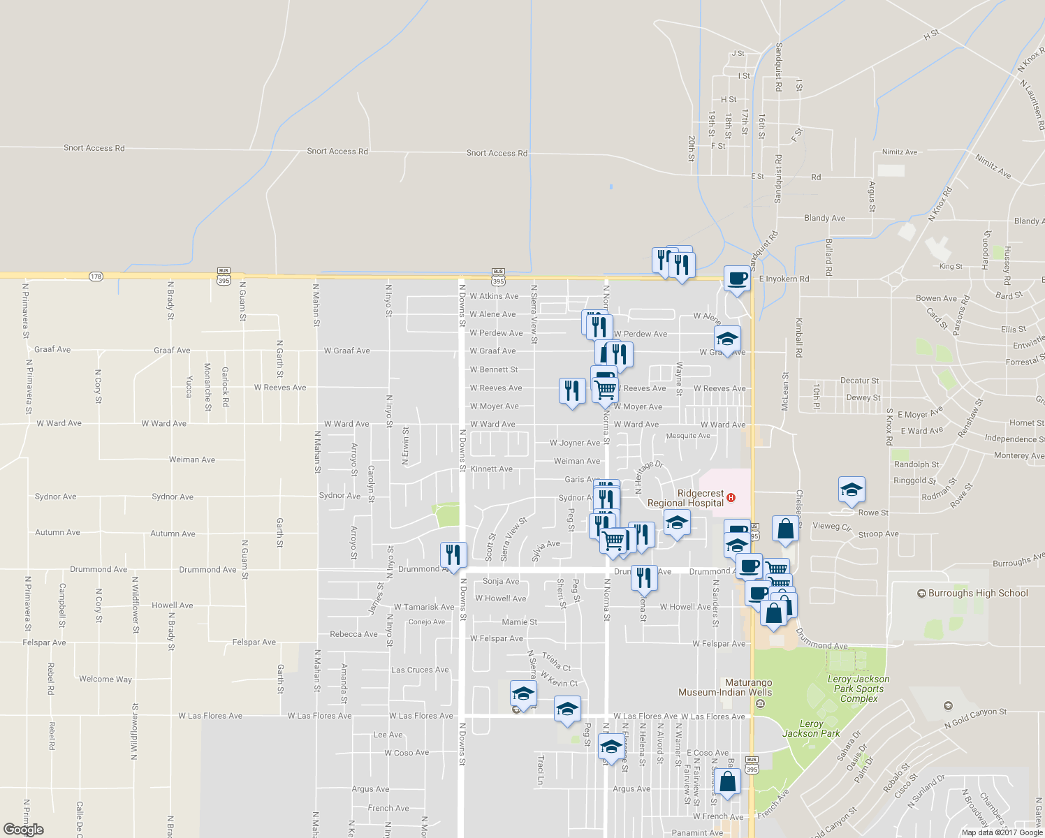 map of restaurants, bars, coffee shops, grocery stores, and more near 712 West Ward Avenue in Ridgecrest