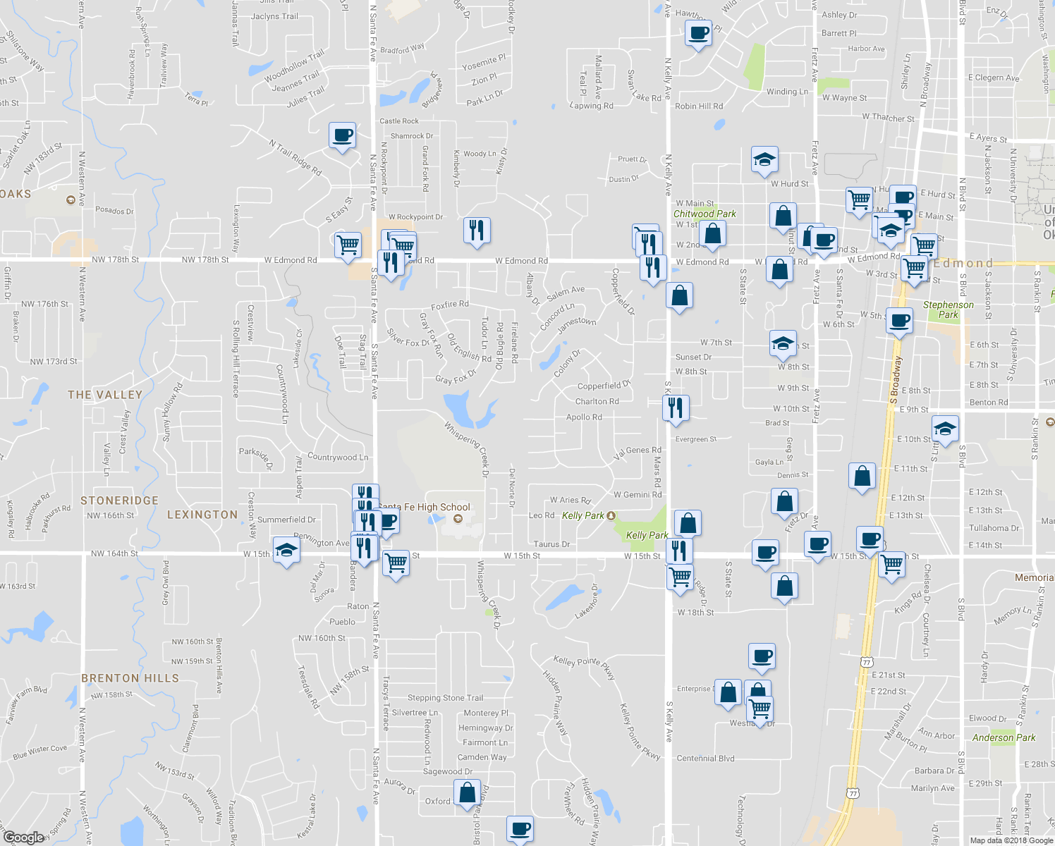 map of restaurants, bars, coffee shops, grocery stores, and more near 1528 Apollo Road in Edmond