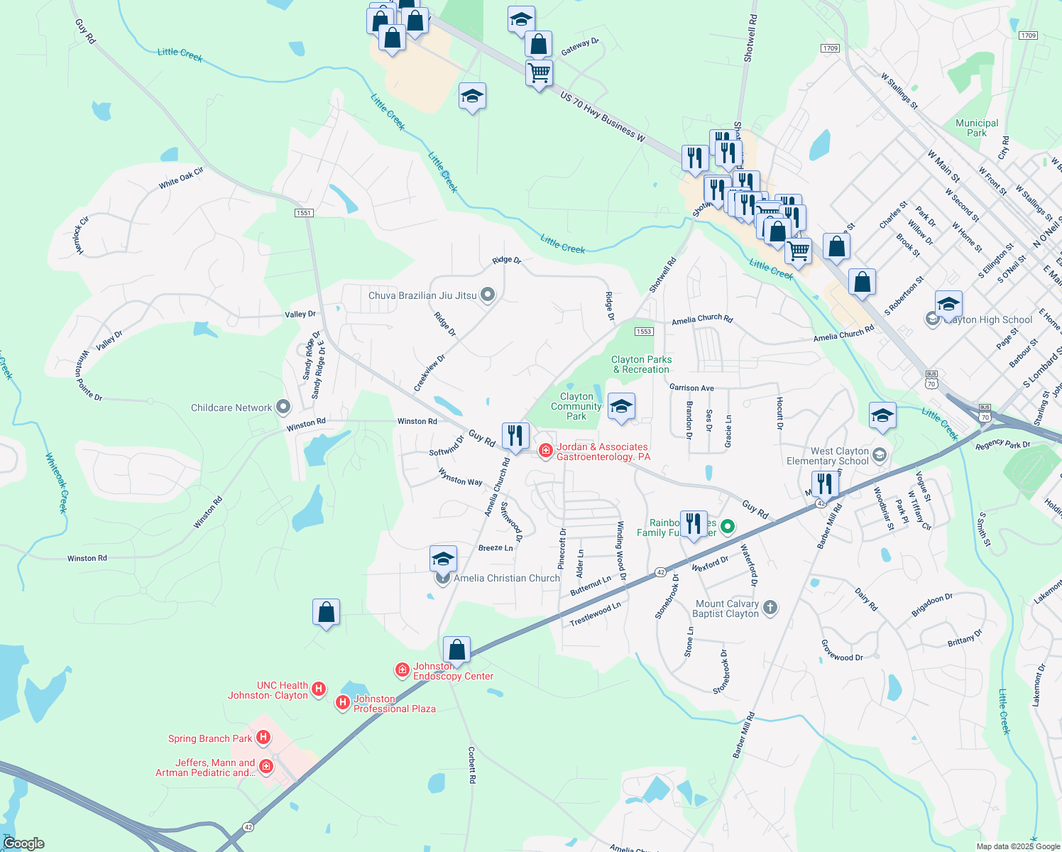 map of restaurants, bars, coffee shops, grocery stores, and more near 1828 Parkside Village Drive in Clayton