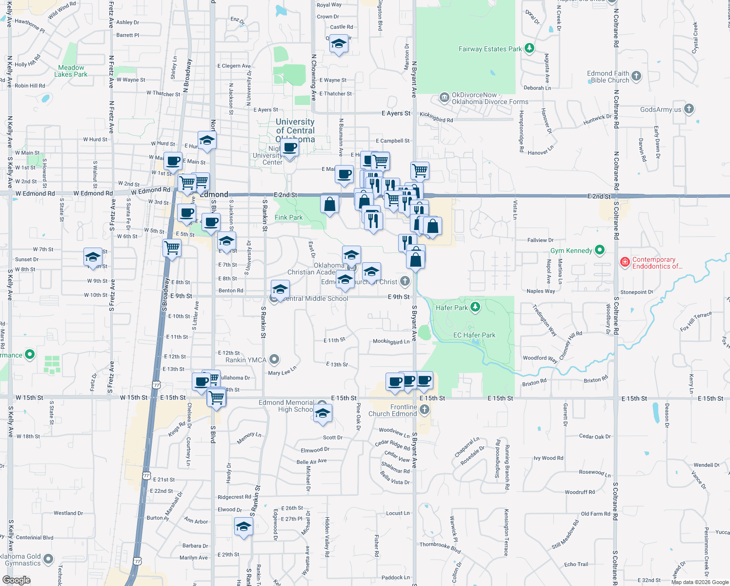 map of restaurants, bars, coffee shops, grocery stores, and more near 1131 East 9th Street in Edmond