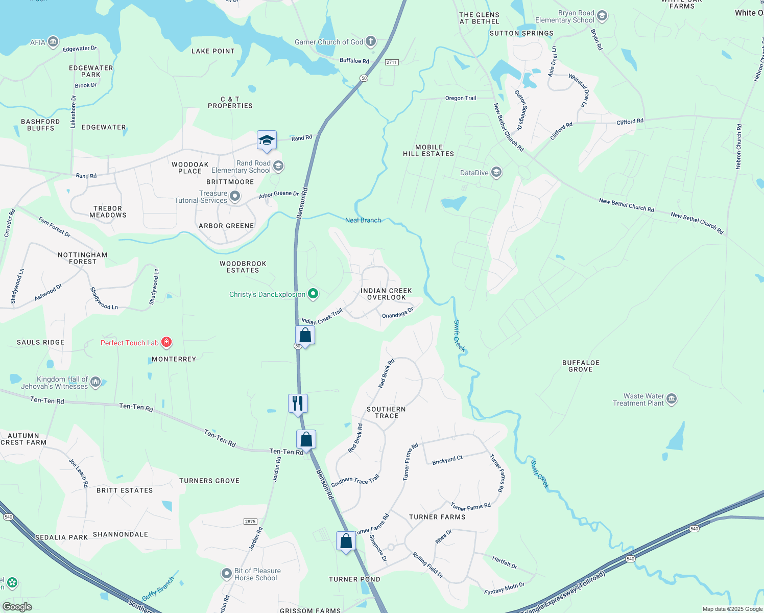 map of restaurants, bars, coffee shops, grocery stores, and more near 1209 Indian Creek Trail in Garner