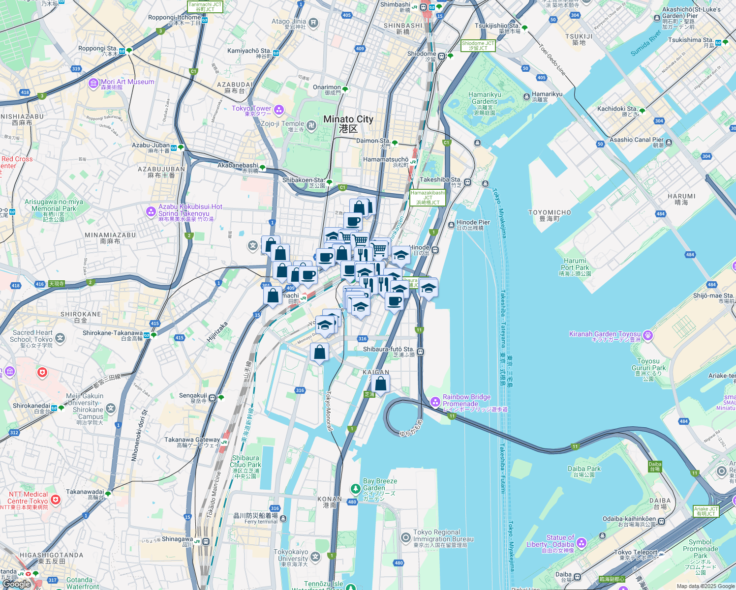 map of restaurants, bars, coffee shops, grocery stores, and more near in Minato City