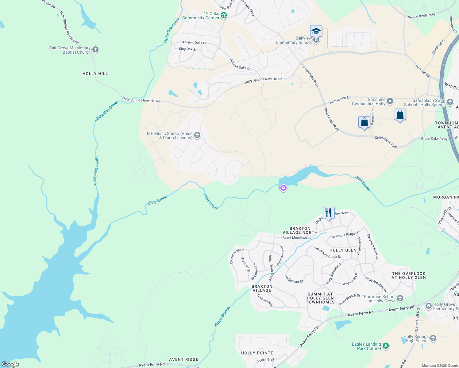 map of restaurants, bars, coffee shops, grocery stores, and more near 305 Chickasaw Plum Dr in Holly Springs