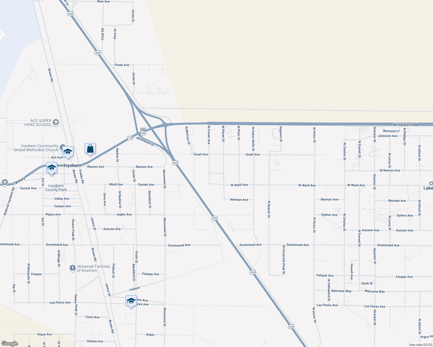map of restaurants, bars, coffee shops, grocery stores, and more near Reeves Avenue in Ridgecrest