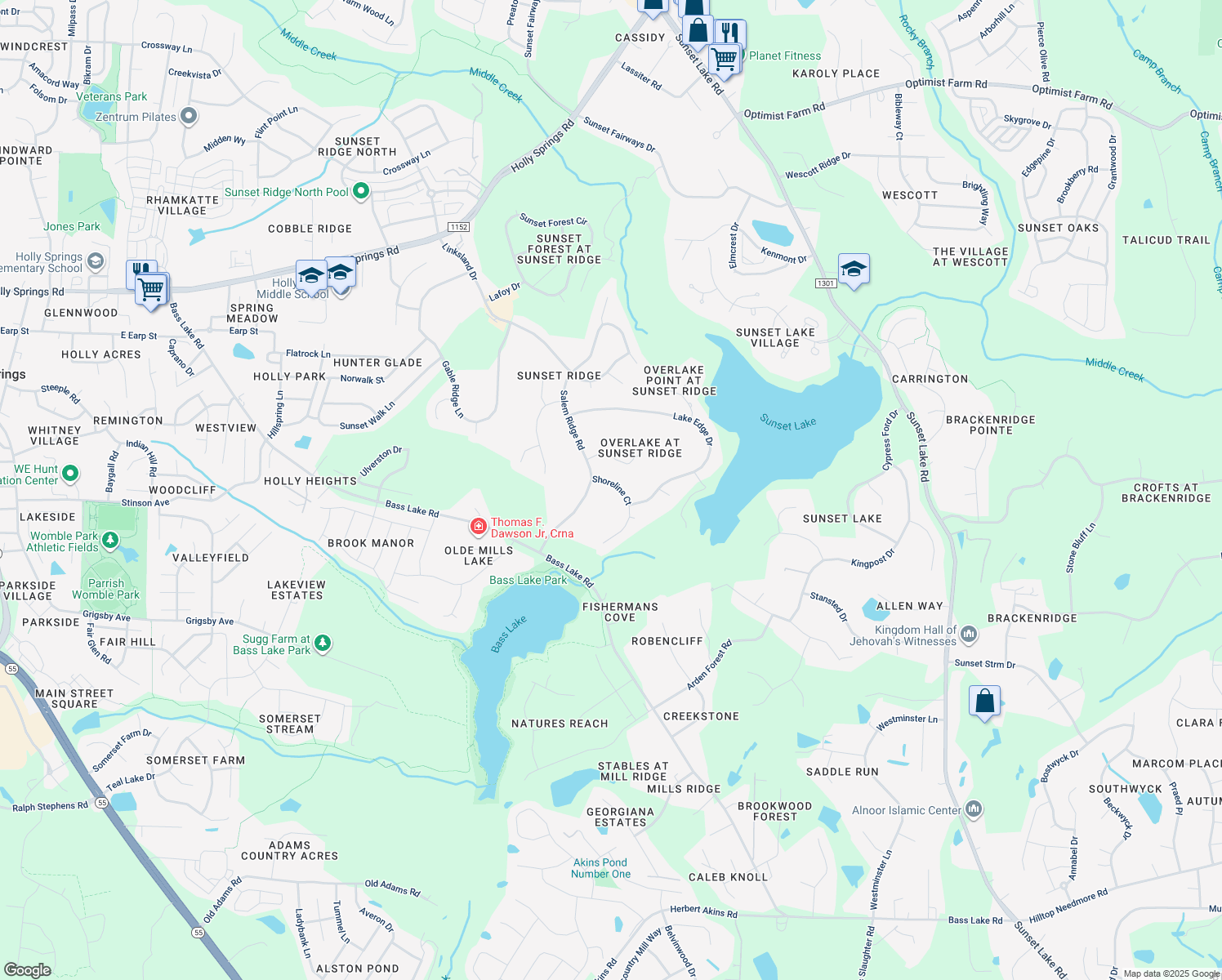 map of restaurants, bars, coffee shops, grocery stores, and more near 5316 Shoreline Court in Holly Springs