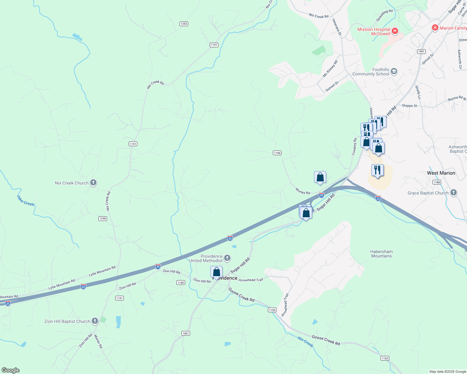 map of restaurants, bars, coffee shops, grocery stores, and more near Mac Drive in Marion