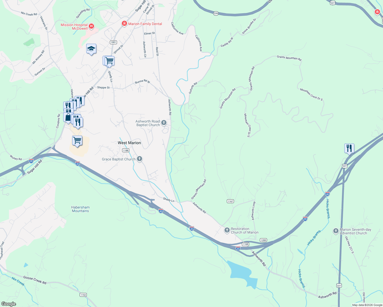 map of restaurants, bars, coffee shops, grocery stores, and more near 145 Beaveridge Drive in Marion