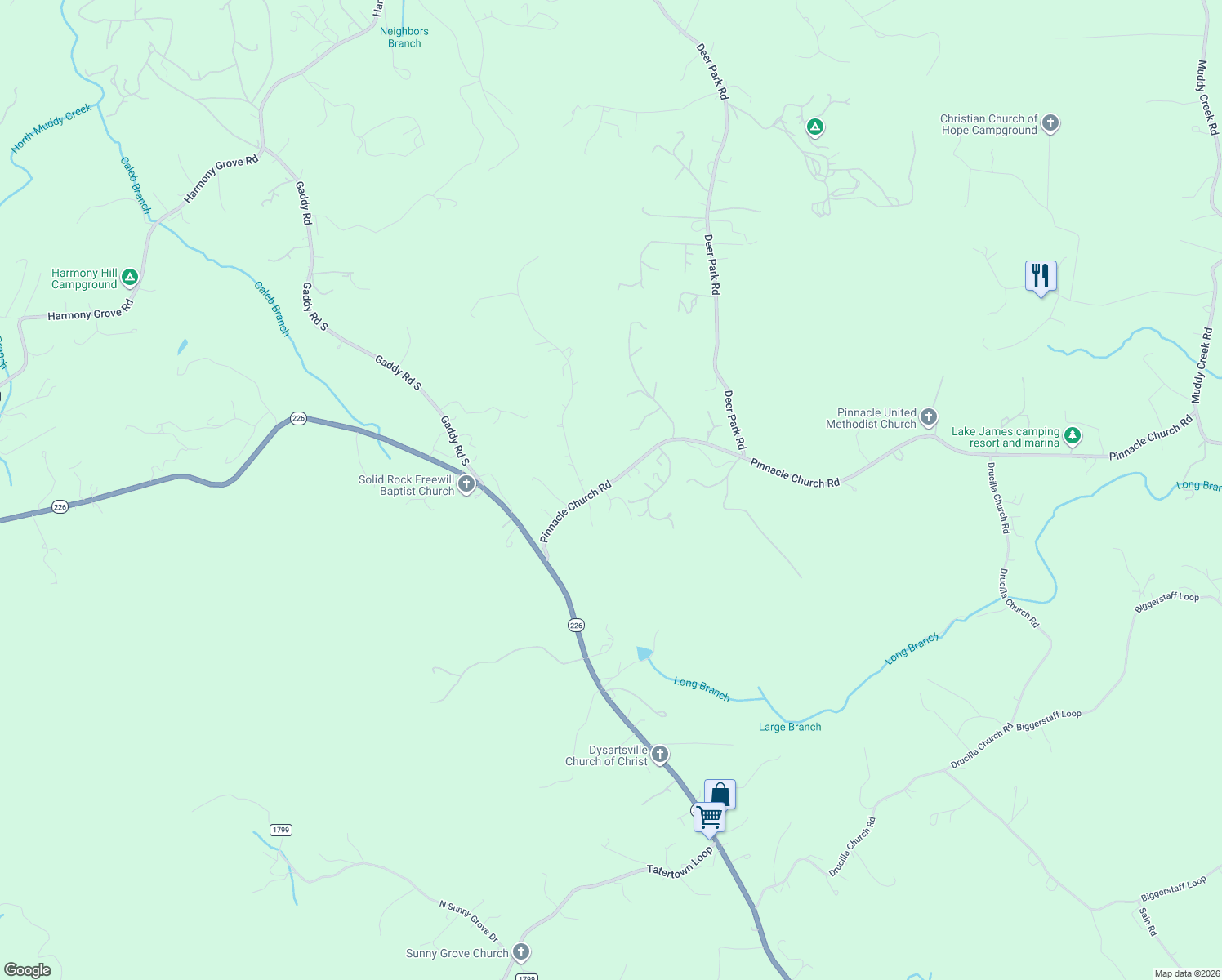 map of restaurants, bars, coffee shops, grocery stores, and more near 368 Pinnacle Church Road in Nebo