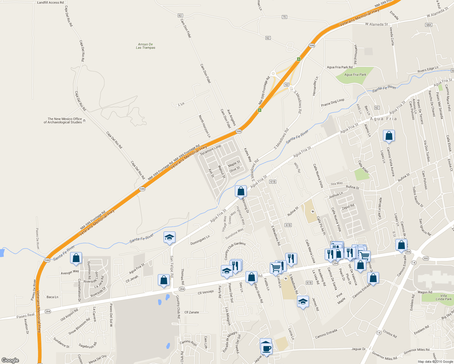 map of restaurants, bars, coffee shops, grocery stores, and more near Cottonwood Drive in Santa Fe