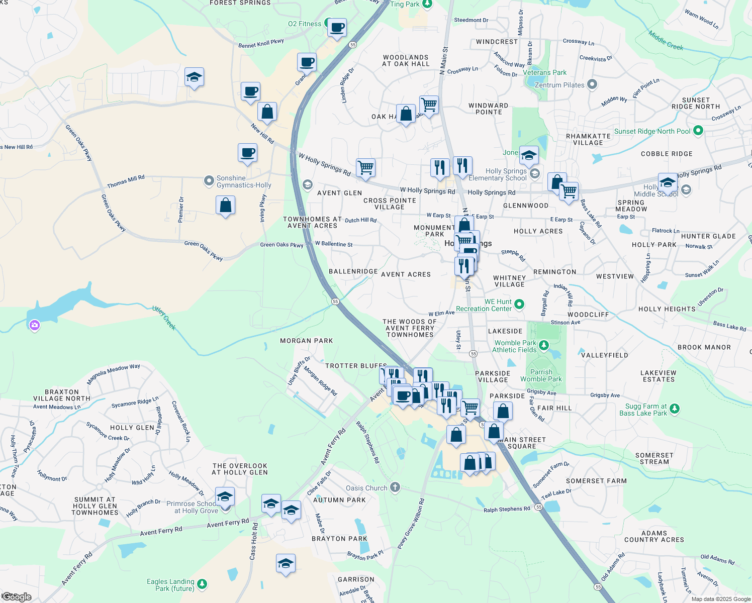 map of restaurants, bars, coffee shops, grocery stores, and more near 209 Chilmark Ridge Drive in Holly Springs
