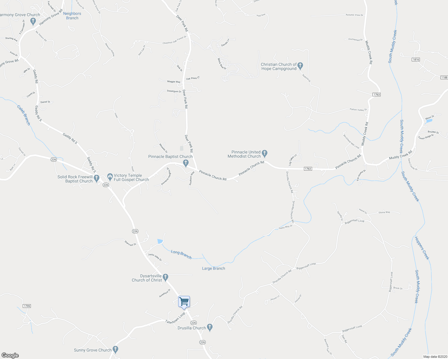 map of restaurants, bars, coffee shops, grocery stores, and more near 1020 Pinnacle Church Road in Nebo