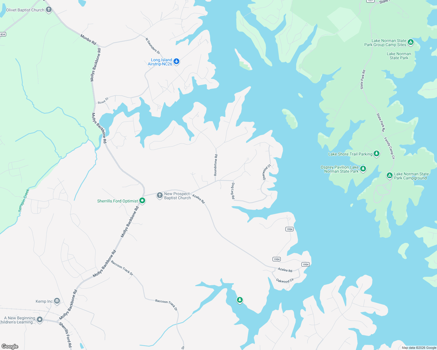 map of restaurants, bars, coffee shops, grocery stores, and more near 1594 Roundstone Road in Sherrills Ford