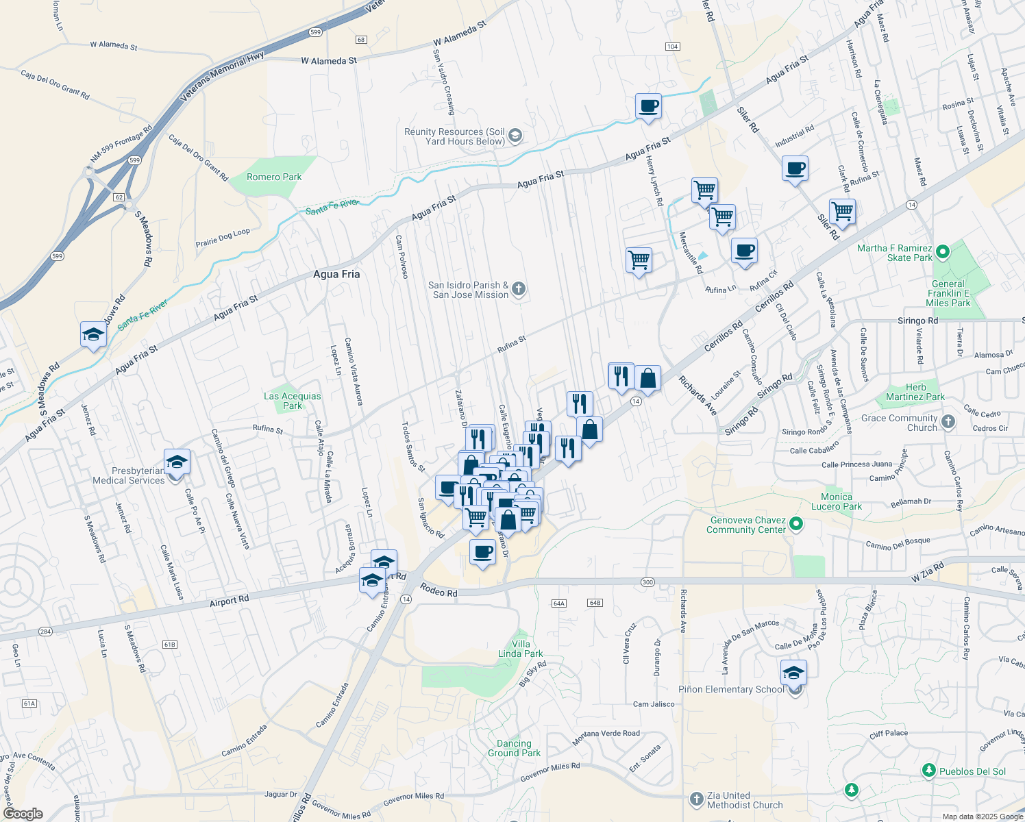 map of restaurants, bars, coffee shops, grocery stores, and more near 2889 Calle De Saiz in Santa Fe