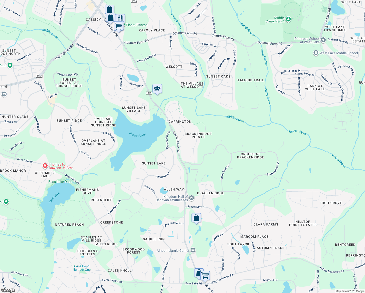map of restaurants, bars, coffee shops, grocery stores, and more near 5817 Sunset Lake Road in Holly Springs
