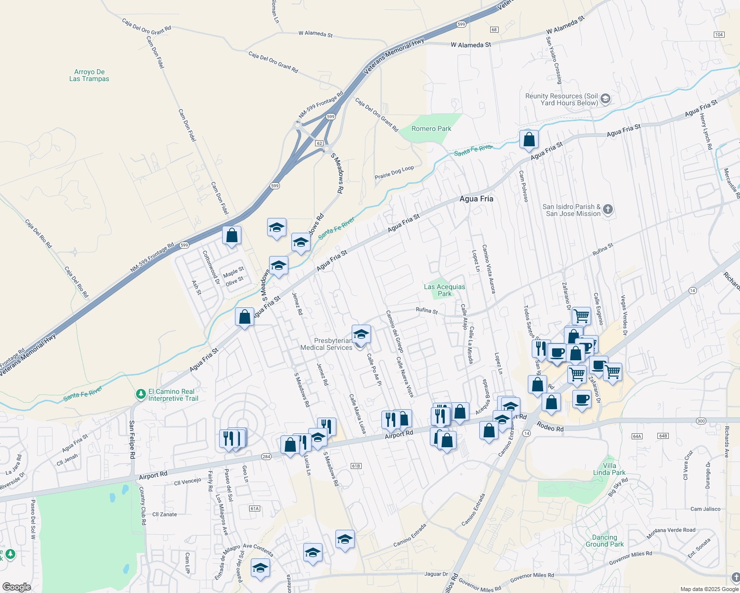map of restaurants, bars, coffee shops, grocery stores, and more near 1100 Calle Nueva Vista in Santa Fe