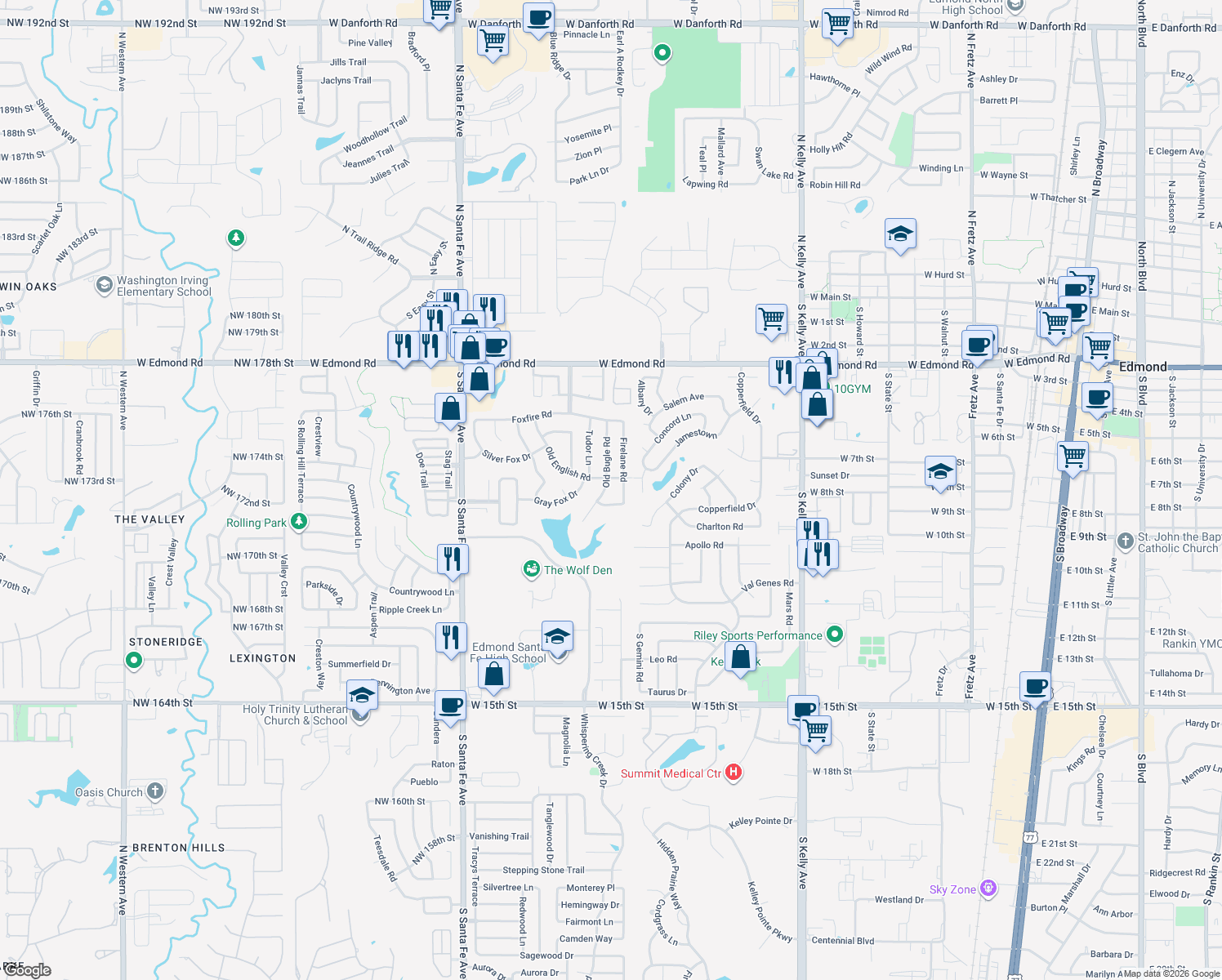 map of restaurants, bars, coffee shops, grocery stores, and more near 704 Old Bugle Road in Edmond