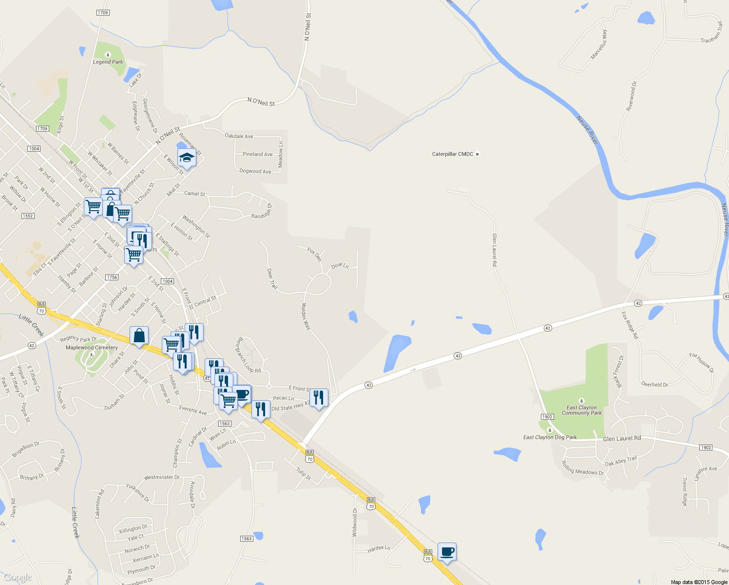 map of restaurants, bars, coffee shops, grocery stores, and more near 2028 Dove Lane in Clayton