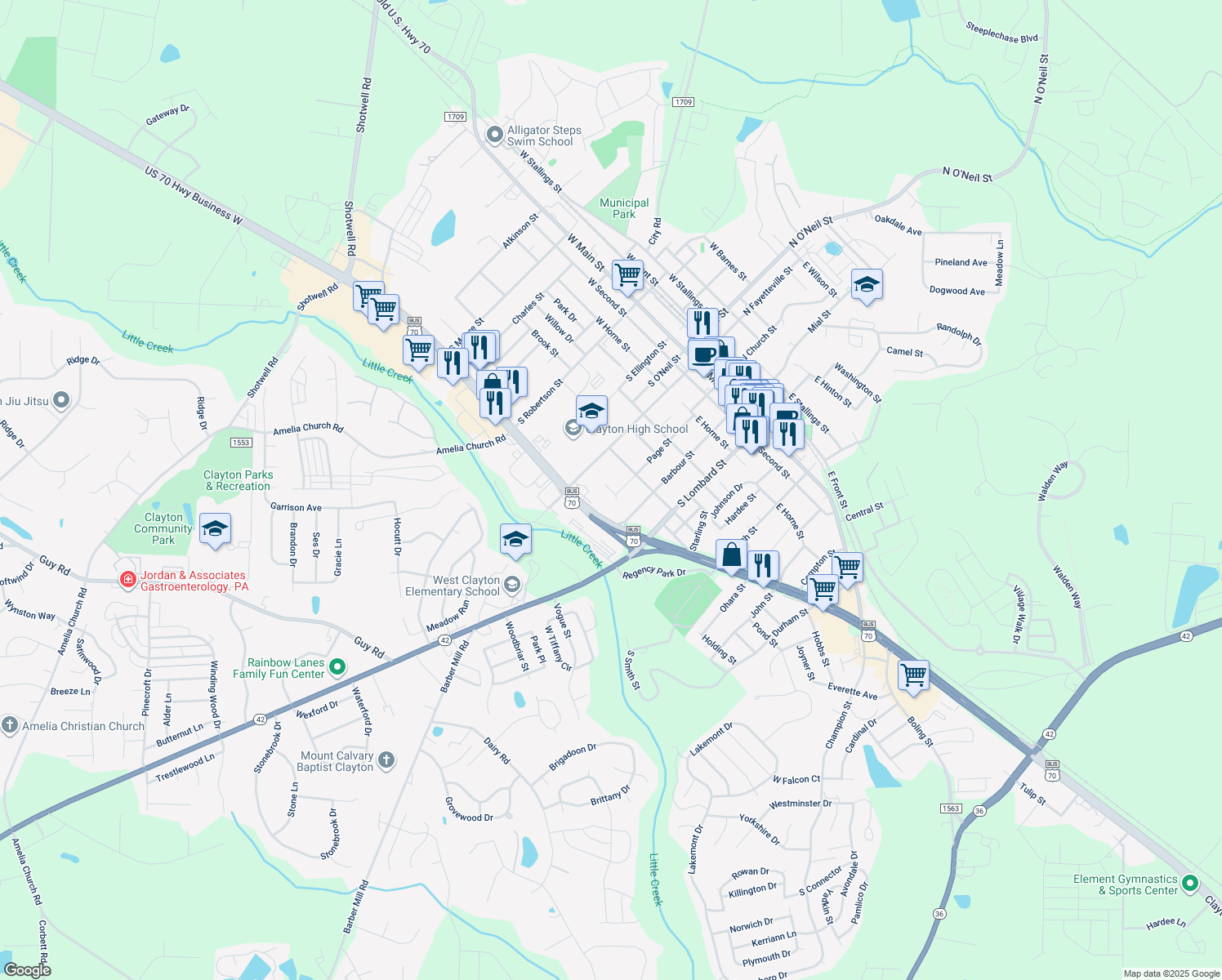 map of restaurants, bars, coffee shops, grocery stores, and more near 144 Jones Circle in Clayton