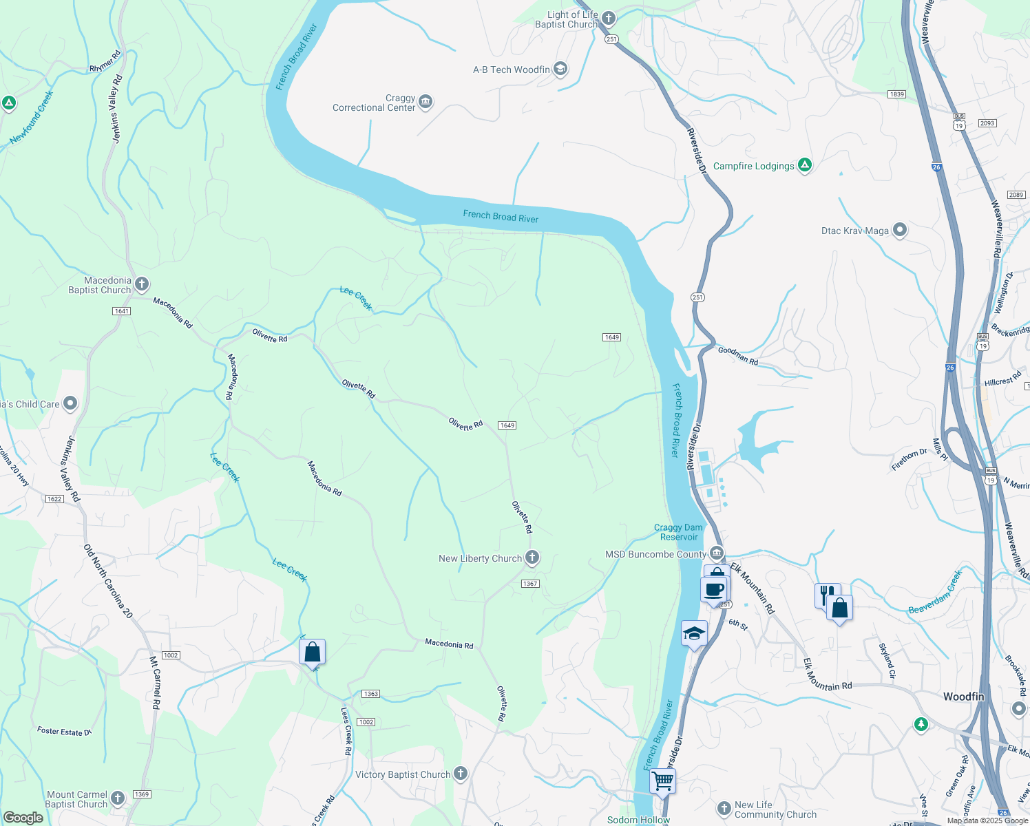 map of restaurants, bars, coffee shops, grocery stores, and more near 65 Farm Road in Asheville