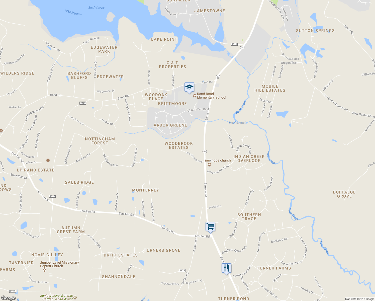 map of restaurants, bars, coffee shops, grocery stores, and more near 1121 Woodbrook Way in Garner