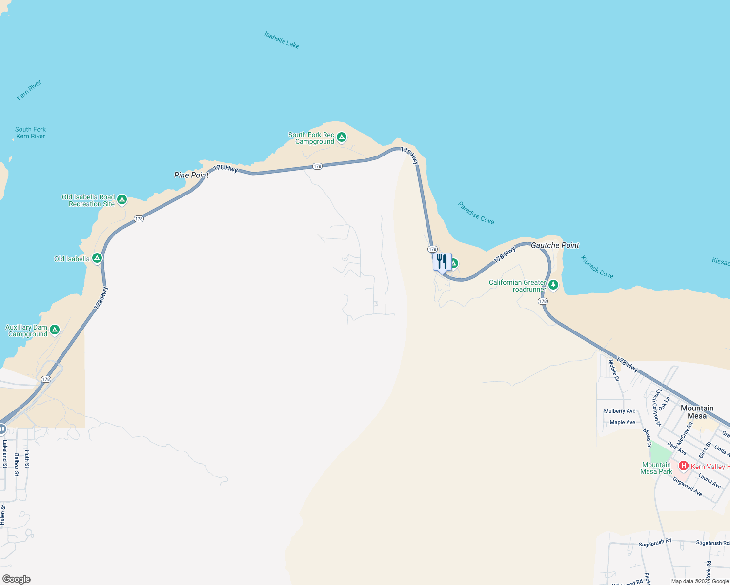 map of restaurants, bars, coffee shops, grocery stores, and more near 5201 Yankee Canyon Drive in Lake Isabella